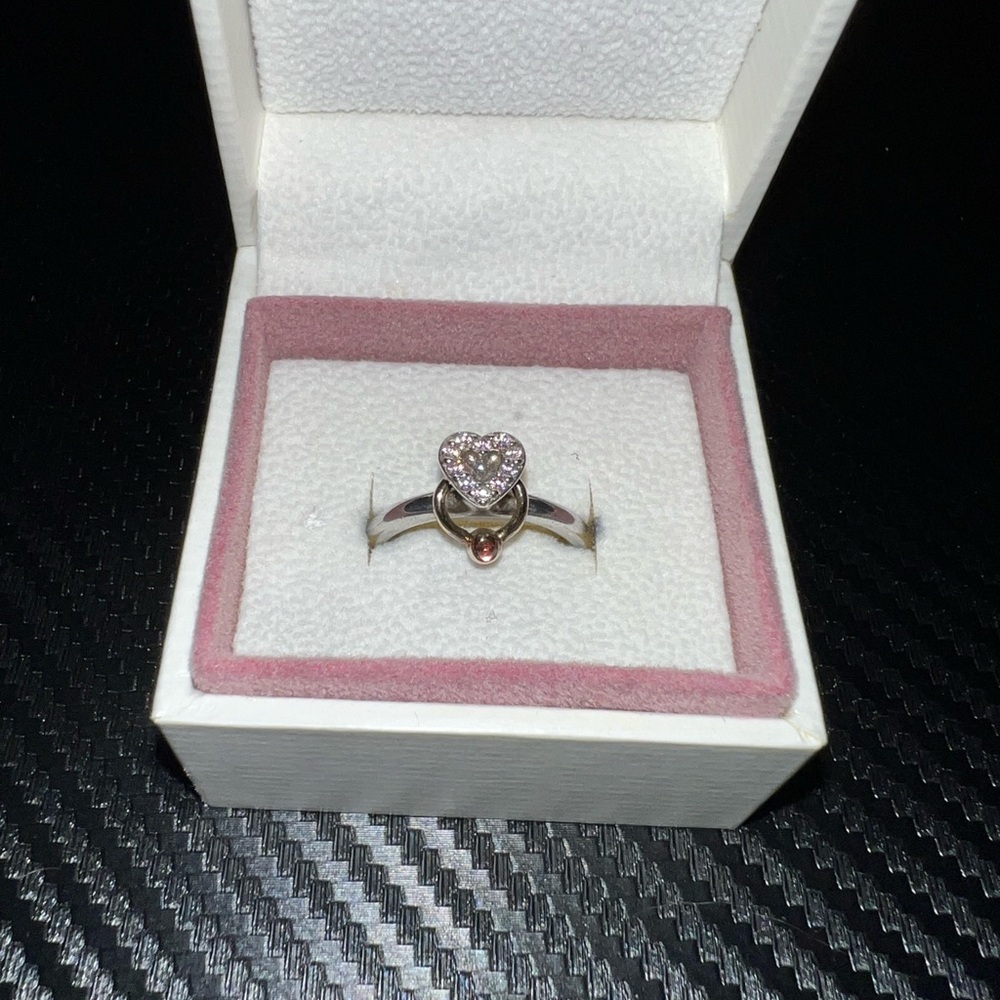 Pandora Silver Ring with Pink Heart and 14K Gold Halo